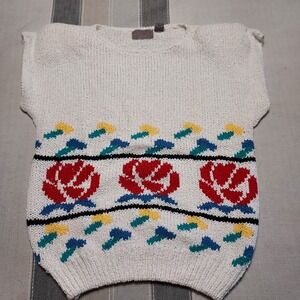 Vintage Worthington Cream Knit Top Floral Rose Print Cap Sleeve Sweater